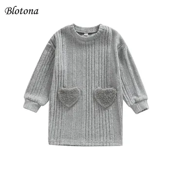 Blotona/ пролет-есен ежедневното рокля за момичета, сив пуловер с кръгло деколте и дълги ръкави, рокля-пуловер с джобове във формата на сърца, 18 месеца-6 години